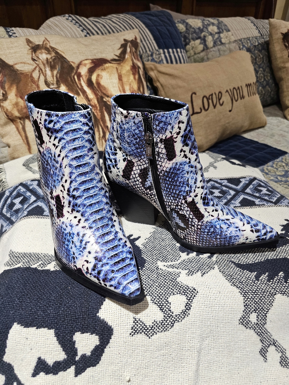 Blue Snake-Print Pointed Ankle Booties with Side Zip, NIB